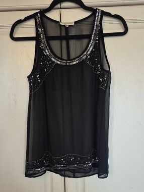 Beaded Sheer Black Sleeveless Tank Top